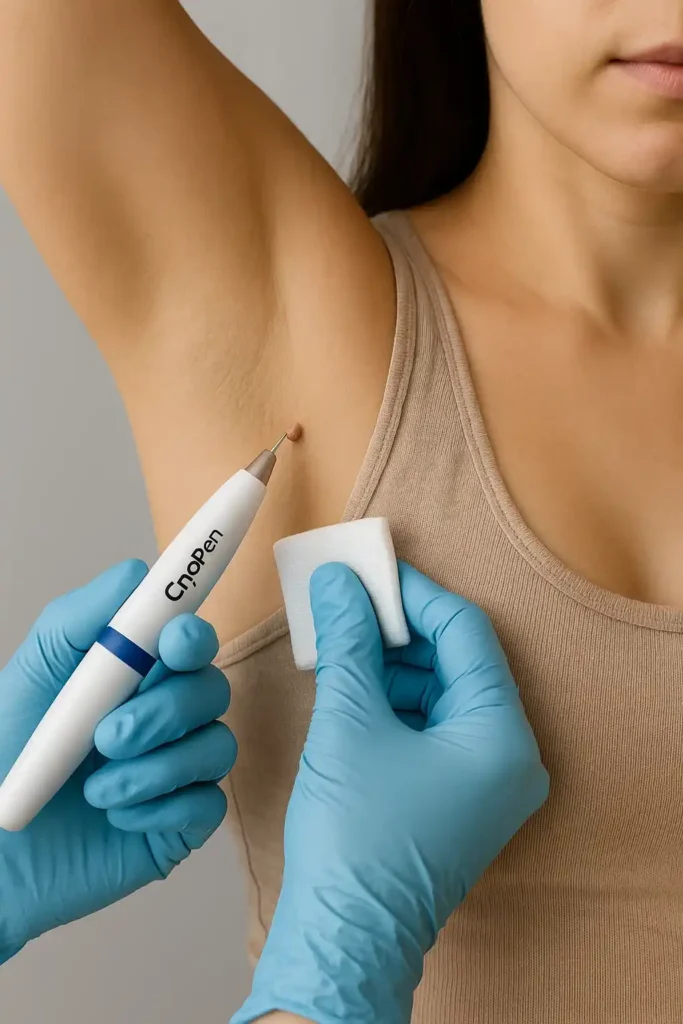 woman having cryopen to remove underarm skin tags Upper Edmonton