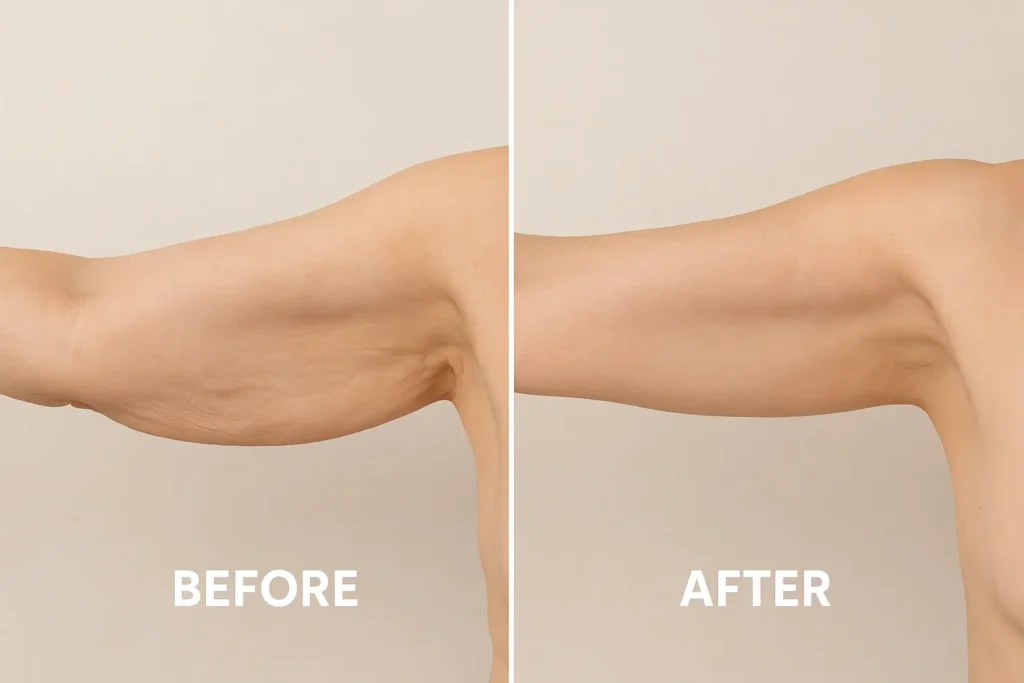 Picture of LA LIPO Upper Edmonton before and after results of skin tightening treatment on the upper arms.