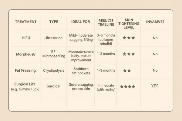 Table showing the comparisons of Skin tightening Upper Edmonton treatment options. 